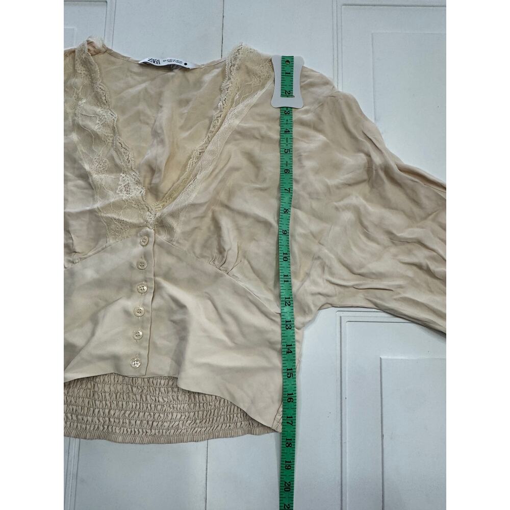 Zara Tan Long Sleeve Cropped Top Size XS Lace Button Up Smocked Shirt - Picture 6 of 6